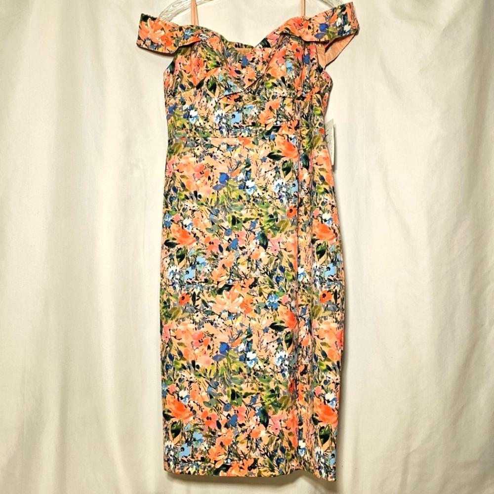 Aiden Mattox Pink Green Blue Floral Drop Shoulder Sheath Midi Dress 12